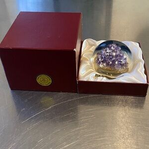 Lorenzo Glass Paper Weight containing a natural amethyst crystal cluster inside